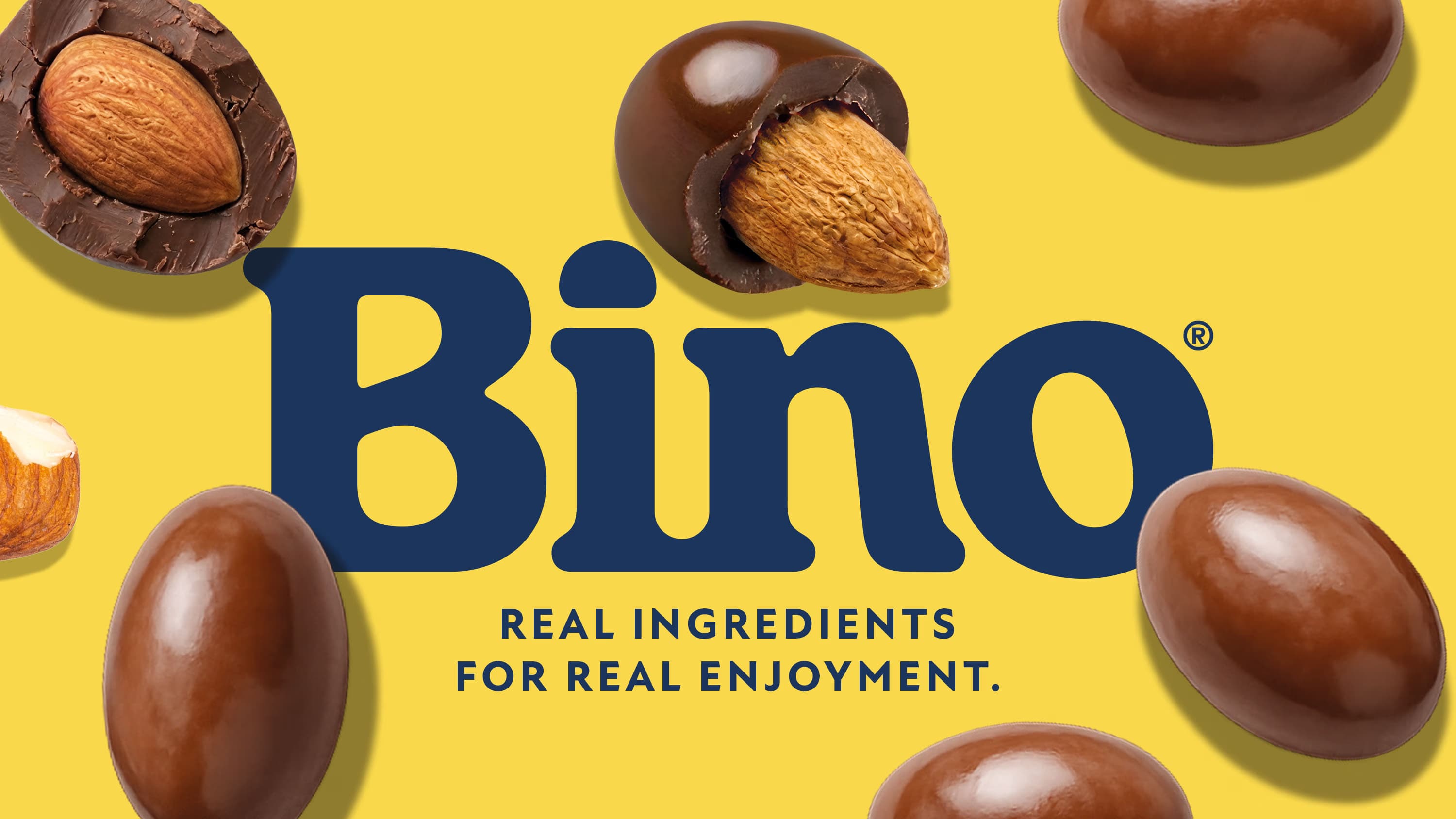 Bino logo with chocolate almond dragees.